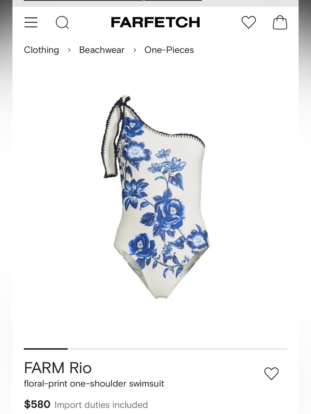 FARM Rio One-Shoulder Floral Swimsuit in White, Blue and Black Trim